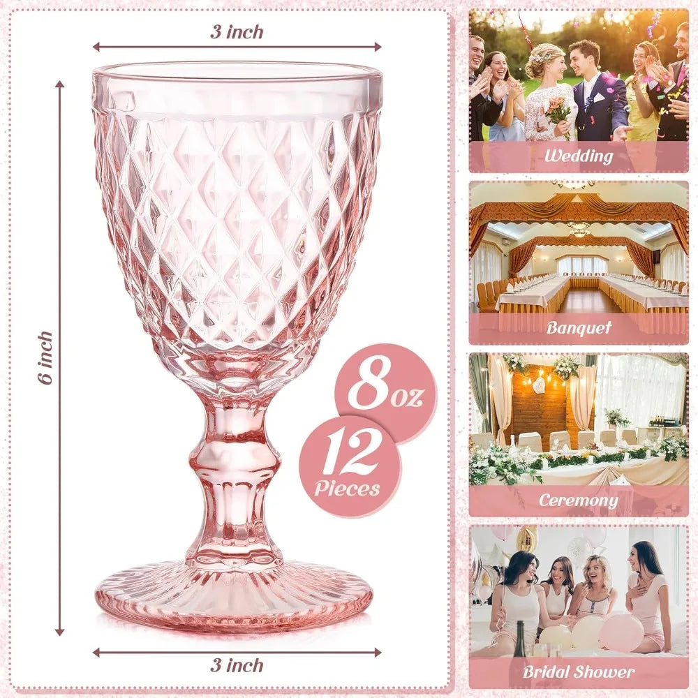 Pink Embossed Wine Glass Set - 12 Piece 8 oz Goblets
