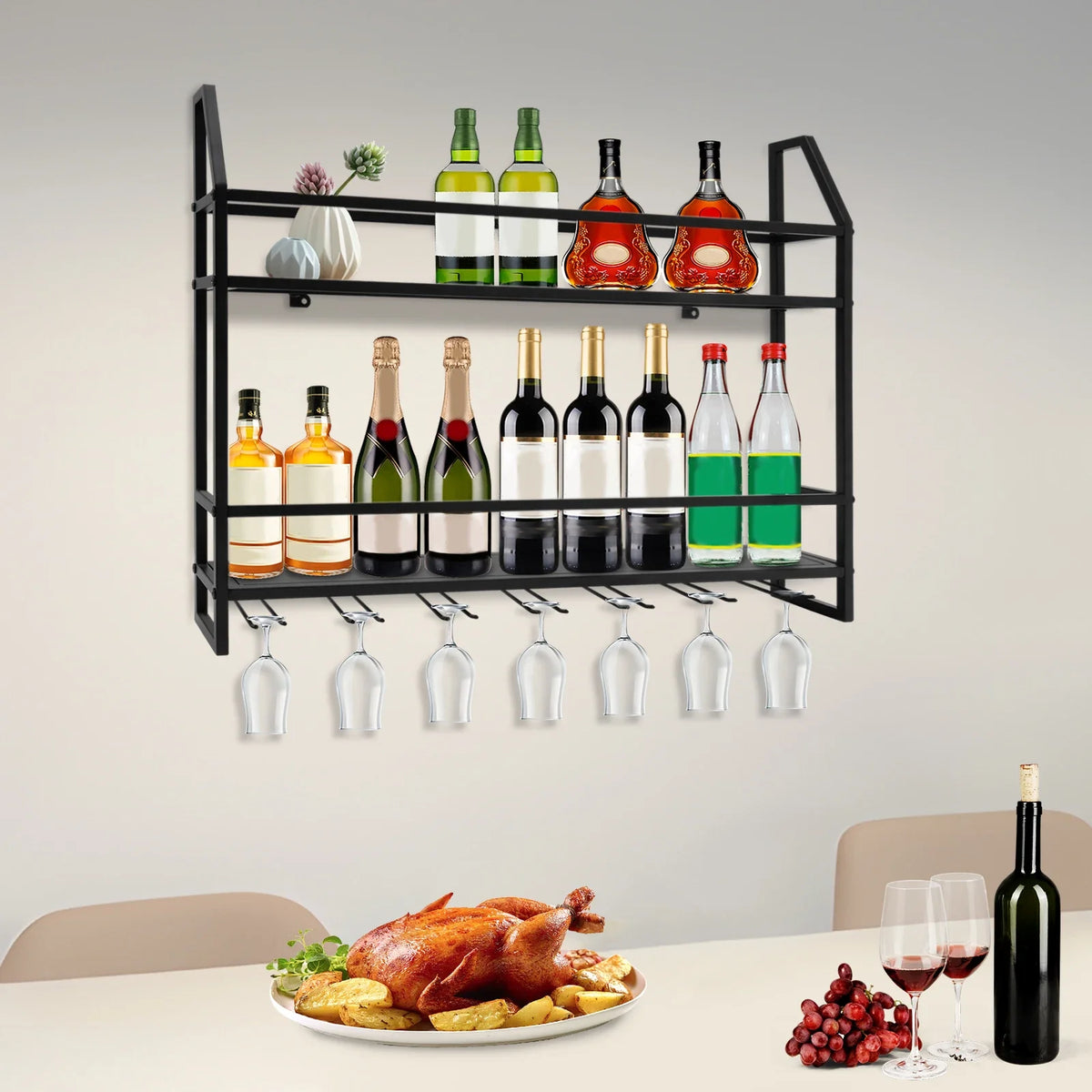 Black Metal Wall Mounted Wine Rack for 12 Bottles