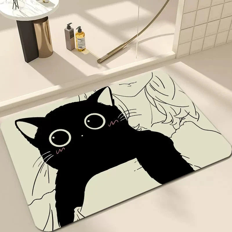 Black Cartoon Cat Door Mat for Living Room and Bedroom
