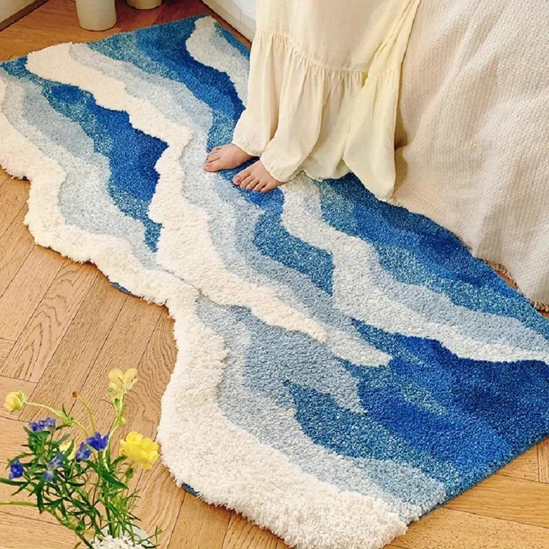 Blue Sea Wave Flocking Area Rug for Bedroom and Corridor