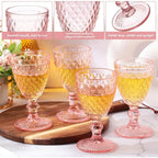 Pink Embossed Wine Glass Set - 12 Piece 8 oz Goblets