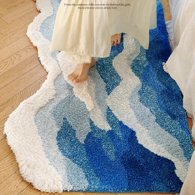 Blue Sea Wave Flocking Area Rug for Bedroom and Corridor