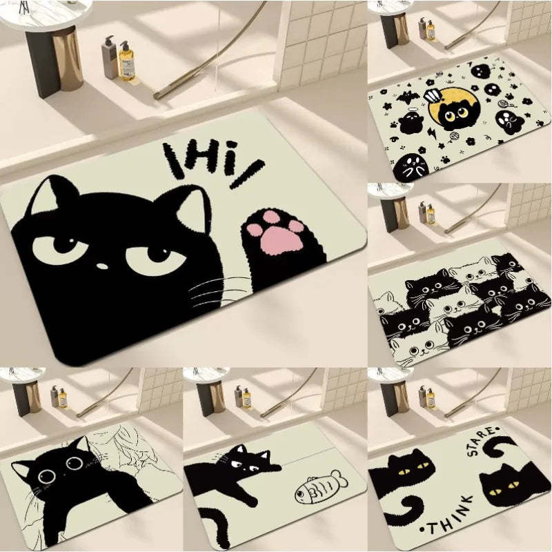 Black Cartoon Cat Door Mat for Living Room and Bedroom
