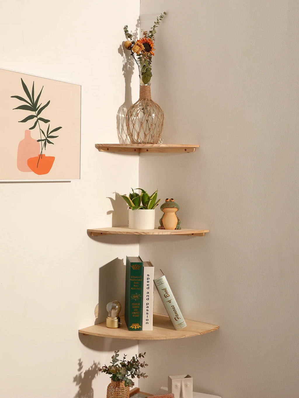 Wall Corner Shelves Wood Floating Wall Shelf Round End Wall Mounted Floating Corner Shelf for Bedroom Living Room and Kitchen